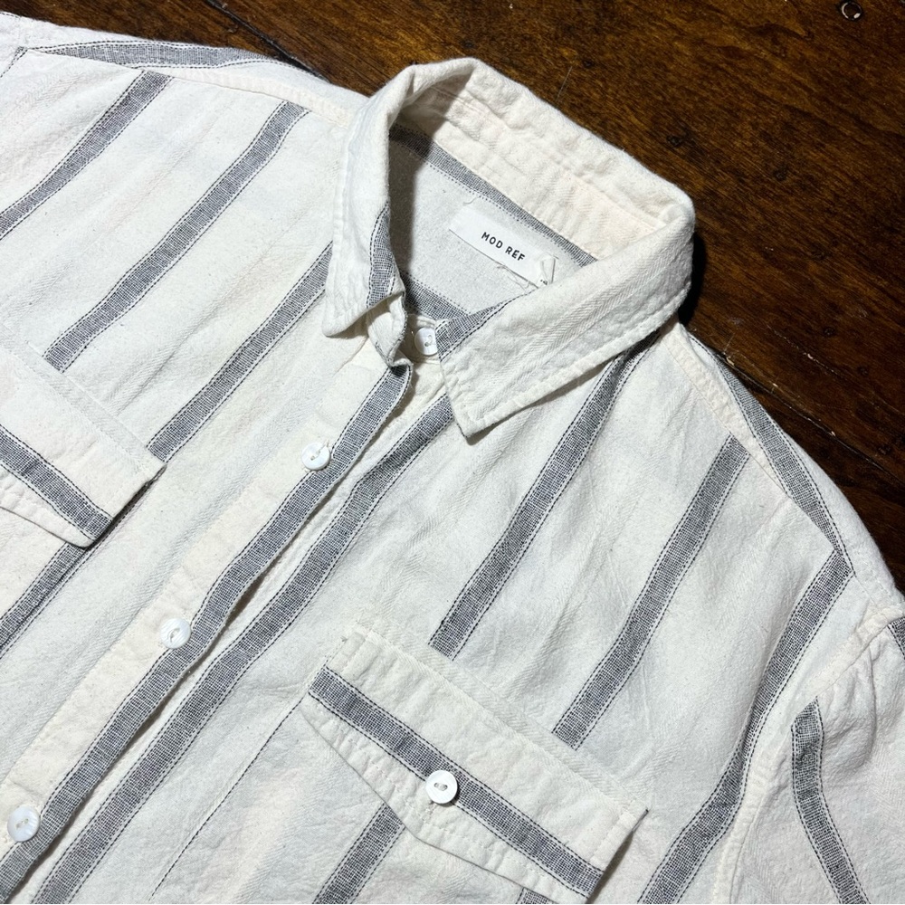 MOD REF Striped Button Down Shirt Womens S Oversized 100% Cotton White Gray - Picture 2 of 9